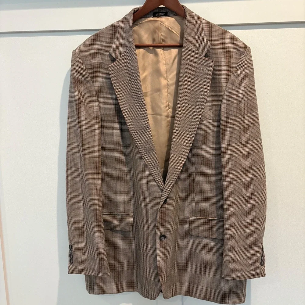 Men's Robert Stock Tan Glen Plaid Sport Coat Blazer 46L Long Wool Blend